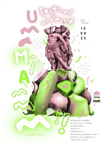 Affiche UMAMIAMMM 2025 — statue et légumes fermentés