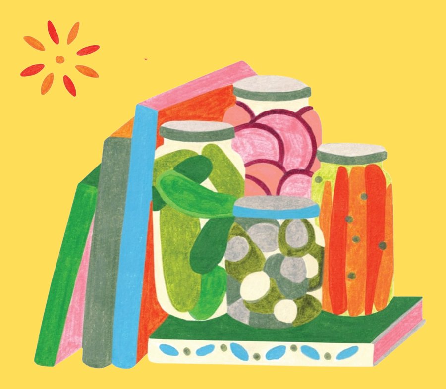Illustration de bocaux de fermentation et de livres, par Noémie Malaize